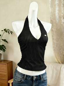 Women's Summer Sexy Striped Pony Print Plus Size Halter Neck Top - Black - View 3