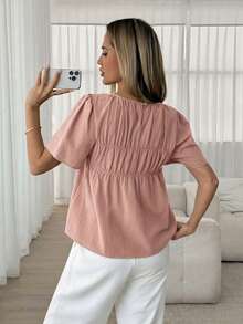 Easowa Women's Solid Color Round Neck Pleated Casual Versatile Daily Wear Short Sleeve Blouse - Dusty Pink - View 3