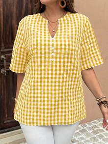 EMERY ROSE Plus Size V-Neck Raglan Sleeve Black & White Plaid Shirt, Flattering - Yellow - View 3