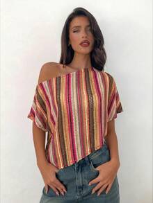 Aloruh Women's Vacation Striped Asymmetric Neck Batwing Sleeve Top - Multicolor - View 5