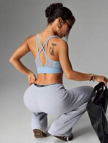 SHEIN Sports 女士无缝纯色镂空休闲运动瑜伽文胸 - 藍色 - 查看 4