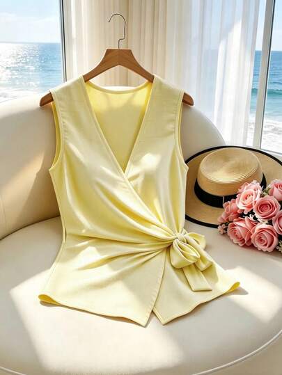 SHEIN Franclia Fashionable French Irregular Yellow V-Neck Sleeveless Camisole, Spring/Summer Pure Elegant Cinched Waist Irregular Hem Elegant Top, Suitable For Travel And Vacation