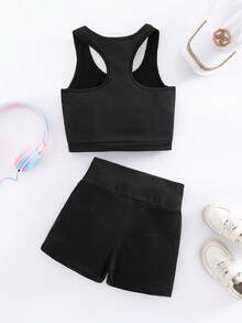 2pcs/Set Tween Girls' Star Rhinestone Black Summer Cute Active Workout Suit,Round Neck Vest&Shorts,Breathable High-Elastic Dance Gymnastics Outfit - Black - View 2