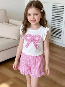 SHEIN Playful Pals Young Girl (Small) Knitted Jacquard Ivory Ruffle Trim Camisole Top And Pink Ruffle Trim Shorts Set, Cute And Adorable Baby Summer Outfit - Pink - View 4