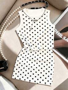 GlowEve Women's White And Black Polka Dot, Summer, Casual, Vacation Sleeveless Top And Bodycon Mini Skirt 2-Piece Set, Elegant Party Cocktail - Black and White - View 3