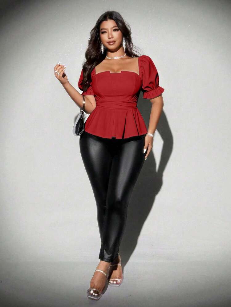 Viva Relle Plus Size Women's Solid Black Elegant Commuter Belted Puff Sleeve Short Sleeve Blouse, Summer - Red - View 3