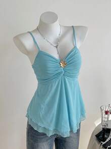 Comfortcana Kamisol Rajut Ukuran Besar untuk Musim Panas dengan Detail Kerutan di Bagian Dada dan Dekorasi Bunga Logam - Mint Blue - View 7