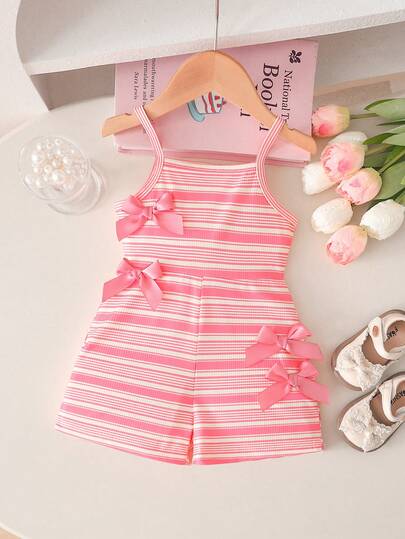 Genkimix Kids Baby Girls' Casual Sleeveless Elastic Ribbed Fabric Bow Decor Short Jumpsuit, Pink Ribbed, Summer