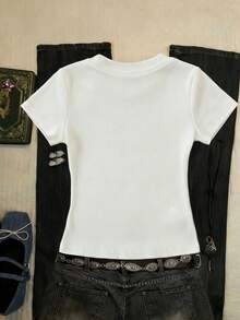 SHEIN Áo thun nữ cổ tròn tay ngắn in họa tiết thường ngày DK001 - trắng - Xem 2