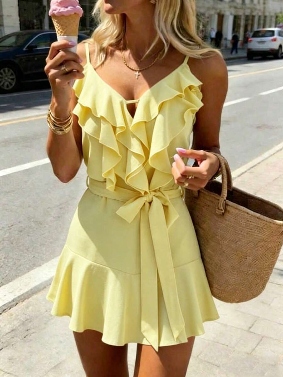 SHEIN PariChic Women's Vacation Style Ruffle V-Neck Spaghetti Strap Dress - Yellow - View 1