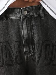 SUMWON Acid Wash Denim Shorts With Collegiate Varsity Embroidered Logo Baggy Wide Leg Summer Street Style - Black - View 6