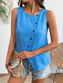 Balvessa Women's Elegant Casual Linen-Like Blue Round Neck Button Detail Vest, Spring/Summer - Blue - View 6