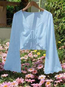 SHEIN MOD Áo kiểu cỡ lớn cổ chữ V tay loe thắt nơ tay chuông màu trắng - Màu xanh lam - Xem 5
