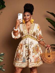Maweii Vestido plus size de verão com estampa floral, decote em V profundo, cintura marcada e mangas bufantes. - Multicolorido - Ver 5
