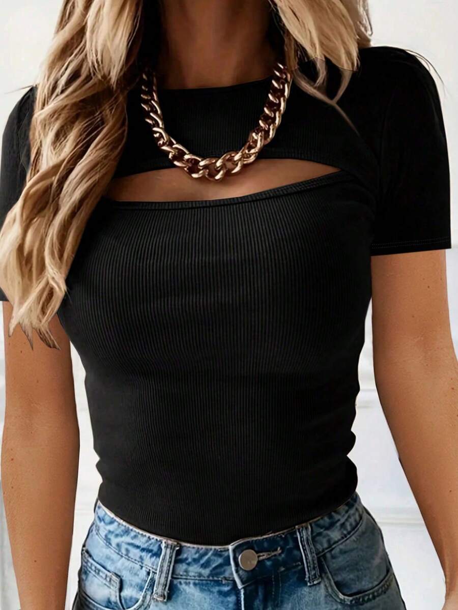 Selamara Women's Round Neck Short Sleeve Hollow Out T-Shirt - Black - View 1