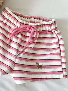 SuriyaCove Women's Puppy Embroidery Striped Contrast Color Drawstring Waist Shorts - Multicolor - View 4