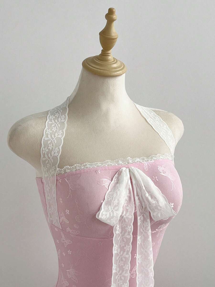Elamini 女士甜美可爱拼接薄纱蕾丝蝴蝶结装饰收腰连衣裙,夏季 - 粉色 - 查看 1