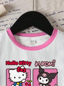 HELLO KITTY AND FRIENDS | SHEIN Young Girl Casual Cute Cartoon Letter Print Ringer Short Sleeve T-Shirt, Suitable For Daily Wear & Commuting, Summer - White - View 3