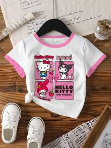 HELLO KITTY AND FRIENDS | SHEIN Young Girl Casual Cute Cartoon Letter Print Ringer Short Sleeve T-Shirt, Suitable For Daily Wear & Commuting, Summer - White - View 7
