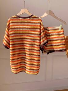 Comfortcana 2pcs Women Orange Red Contrast Color Round Neck Short Sleeve Top And Casual 2000s Shorts Set Vacation Summer - Brown - View 2