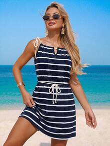 Women's Nautical Navy And White Striped Mini Dress With Adjustable Drawstring Waist - Navy Blue - View 5