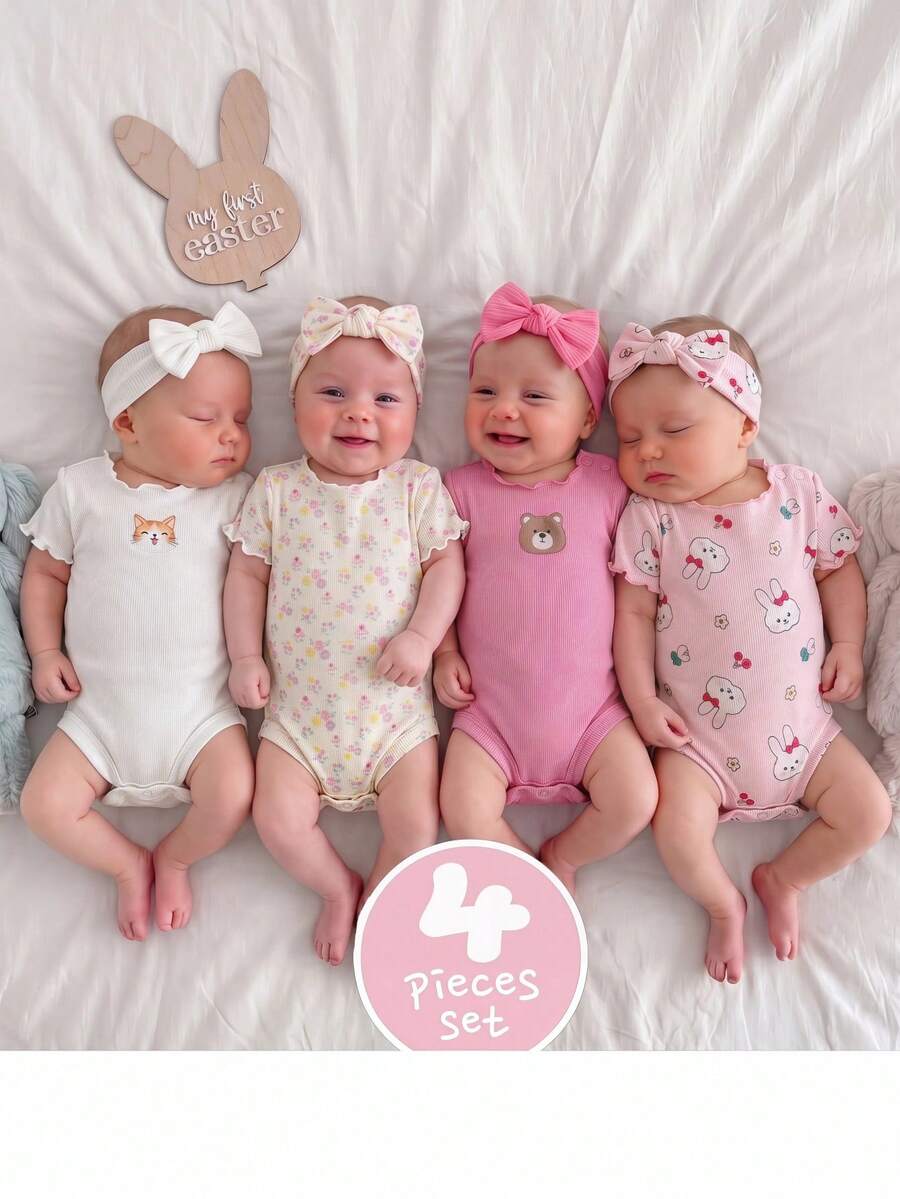 4pcs Newborn Baby Girl Summer Cute Knitted Cartoon Rabbit & Ditsy Floral Romper Set