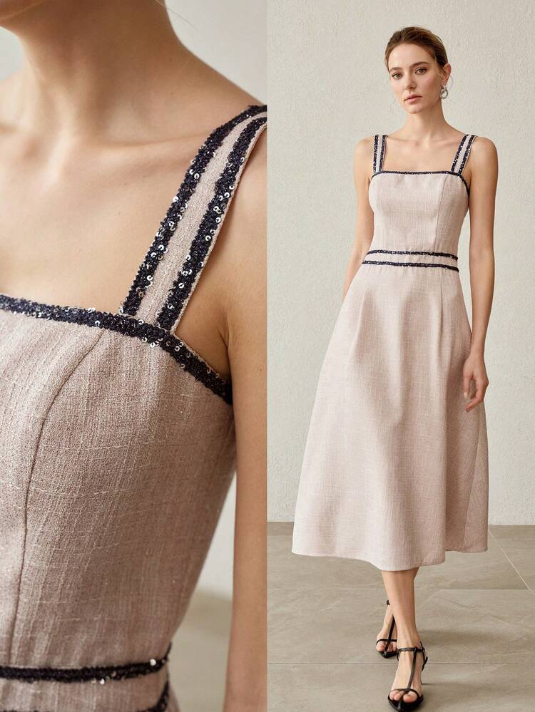 SPRING/SUMMER NEW ARRIVAL SPAGHETTI STRAP COLORBLOCK WOVEN MIDI DRESS FOR WOMEN, LUXURIOUS & FASHIONABLE