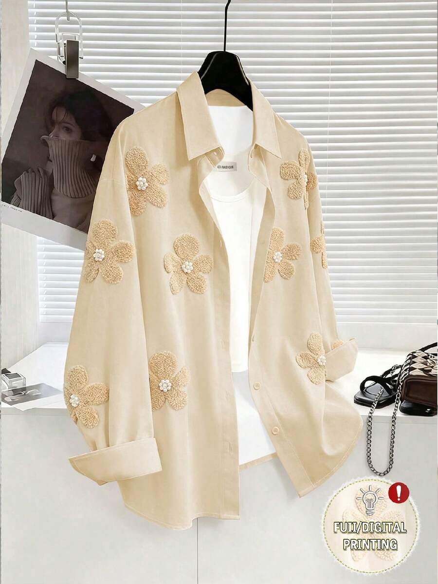 Resyla 3D仿珍珠花朵印花女式衬衫 - 彩色 - 查看 1