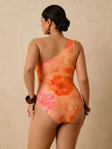 Travachic Maillot de bain une pièce à épaule asymétrique avec imprimé tropical vert, décolleté ajouré et nœud devant, grande taille. Tenue de vacances - Multicolore - Voir 3
