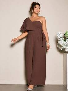 Elenzga Combinaison femme grande taille avec épaules croisées et ceinture à nouer, élégante pour les sorties, les déplacements et les rendez-vous - Tabac - Voir 3