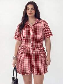Solavibe Plus Size Women Plaid Short Sleeve Ruffle Hem Shirt Romper Vacation Summer 1950s Vintage - Red - View 1