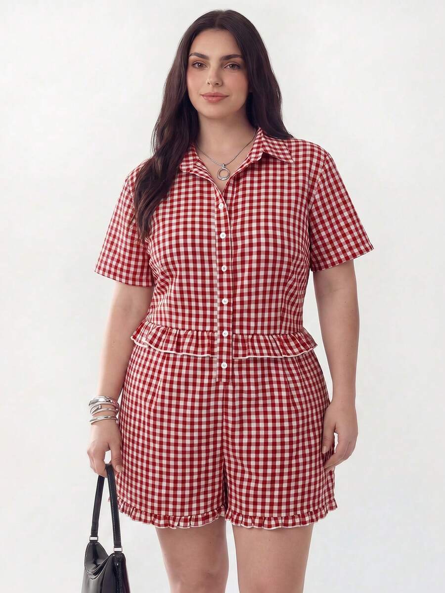 Solavibe Plus Size Women Plaid Short Sleeve Ruffle Hem Shirt Romper Vacation Summer 1950s Vintage - Red - View 1