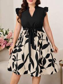 SHEIN Clasi Plus Graphic Print Notched Neckline Ruffle Trim Belted Dress - Apricot - View 5