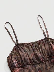 ROMWE Y2K Vintage Ruched Bust Sexy Vacation Beach Going Out Leopard Floral Print Sleeveless Camisole Mini Dress For Women, Spring/Summer Brown - Coffee Brown - View 3