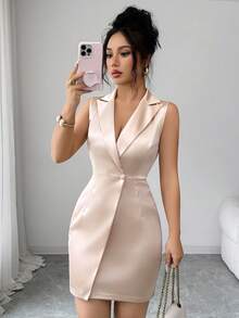 Balvessa Đầm ngắn không tay sang trọng, thanh lịch dành cho nữ, có cổ áo blazer, thích hợp cho mùa hè. - Rượu sâm banh - Xem 6