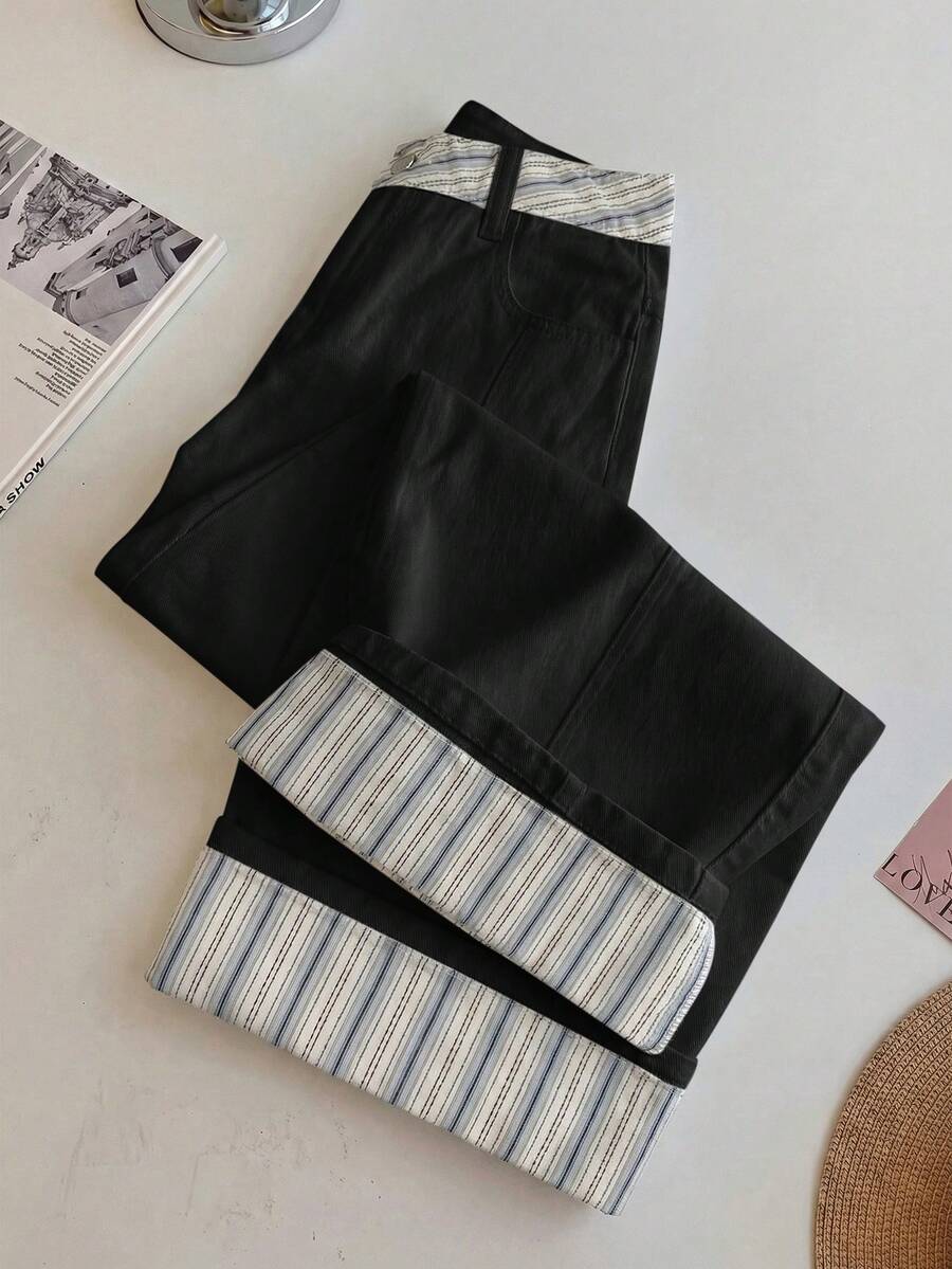 GlowEve Women's Patchwork Striped Pocket Wide Leg Loose Casual Jeans - Black - View 1