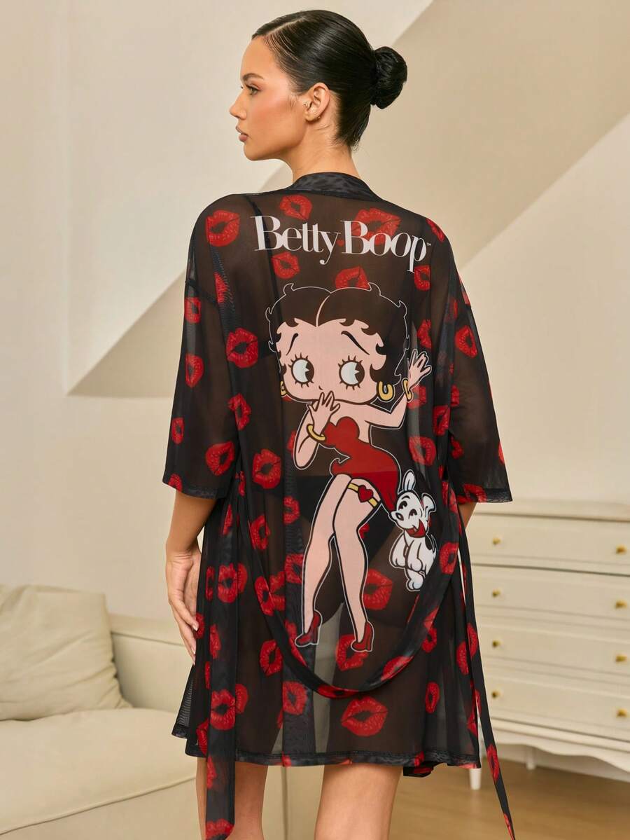 Betty Boop x SHEIN 女士嘴唇和卡通人物印花薄纱睡袍 - 黑色 - 查看 1
