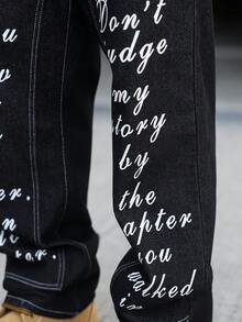 Manfinity EMRG Jeans rectos con estampado de eslogan para hombres - Negro - Ver 6
