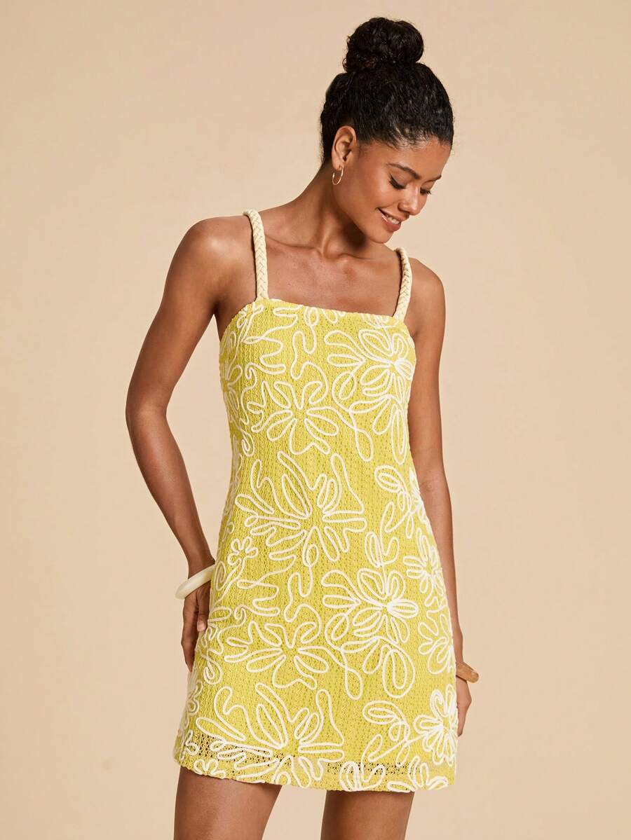 Travachic Vestido de tirantes con bordado de cuerda, estilo elegante para mujer - amarillo ganso - Ver 1