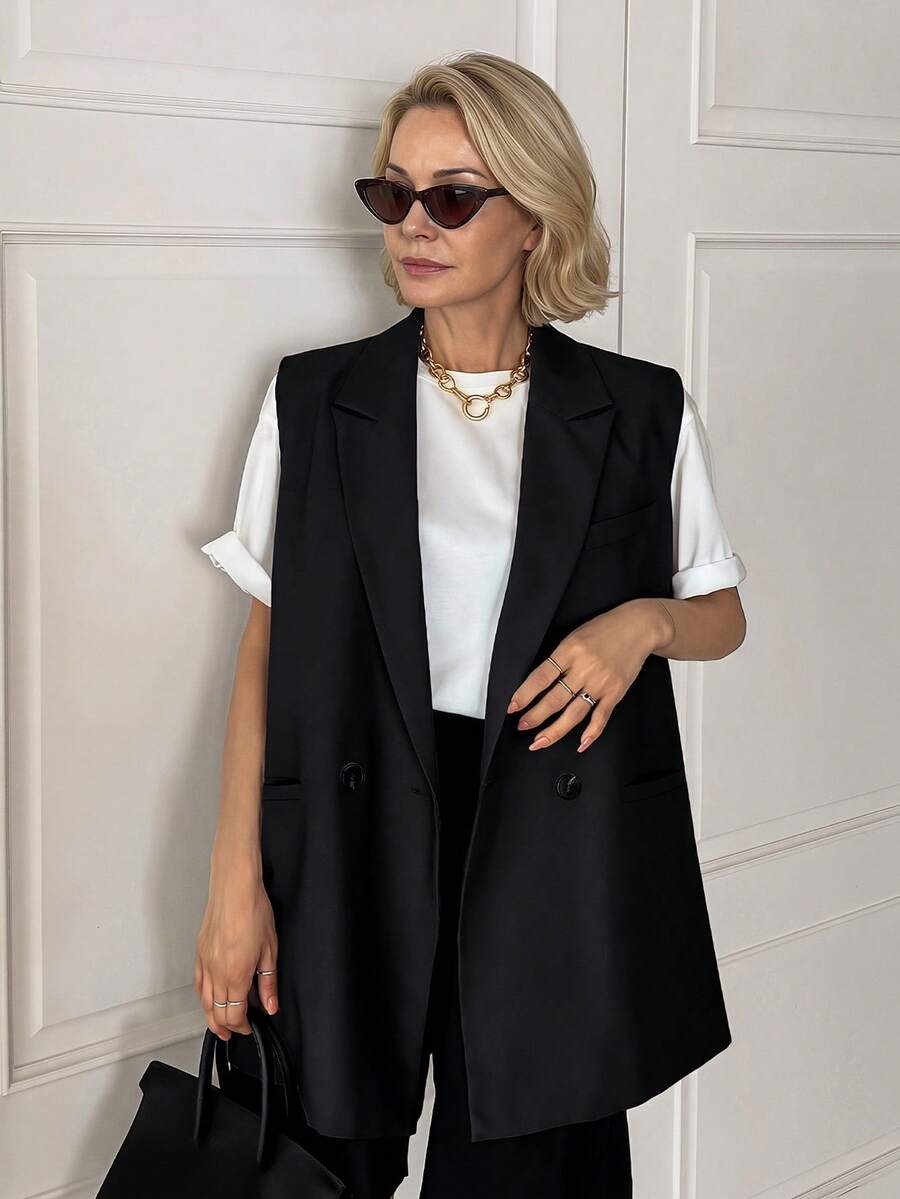 Vivie Lora Solid Color Loose Sleeveless Casual Vest, Summer Jacket For Middle-Aged Elderly Women Teachers' Day - Black - View 1
