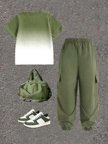 SHEIN Vacaura Tween Boys Gradient Color English Text Printed Round Neck T-Shirt & Cargo Pants Set,Army Green,Summer,Casual,School,Back-To-School Fashion Outfit - Multicolor - View 2