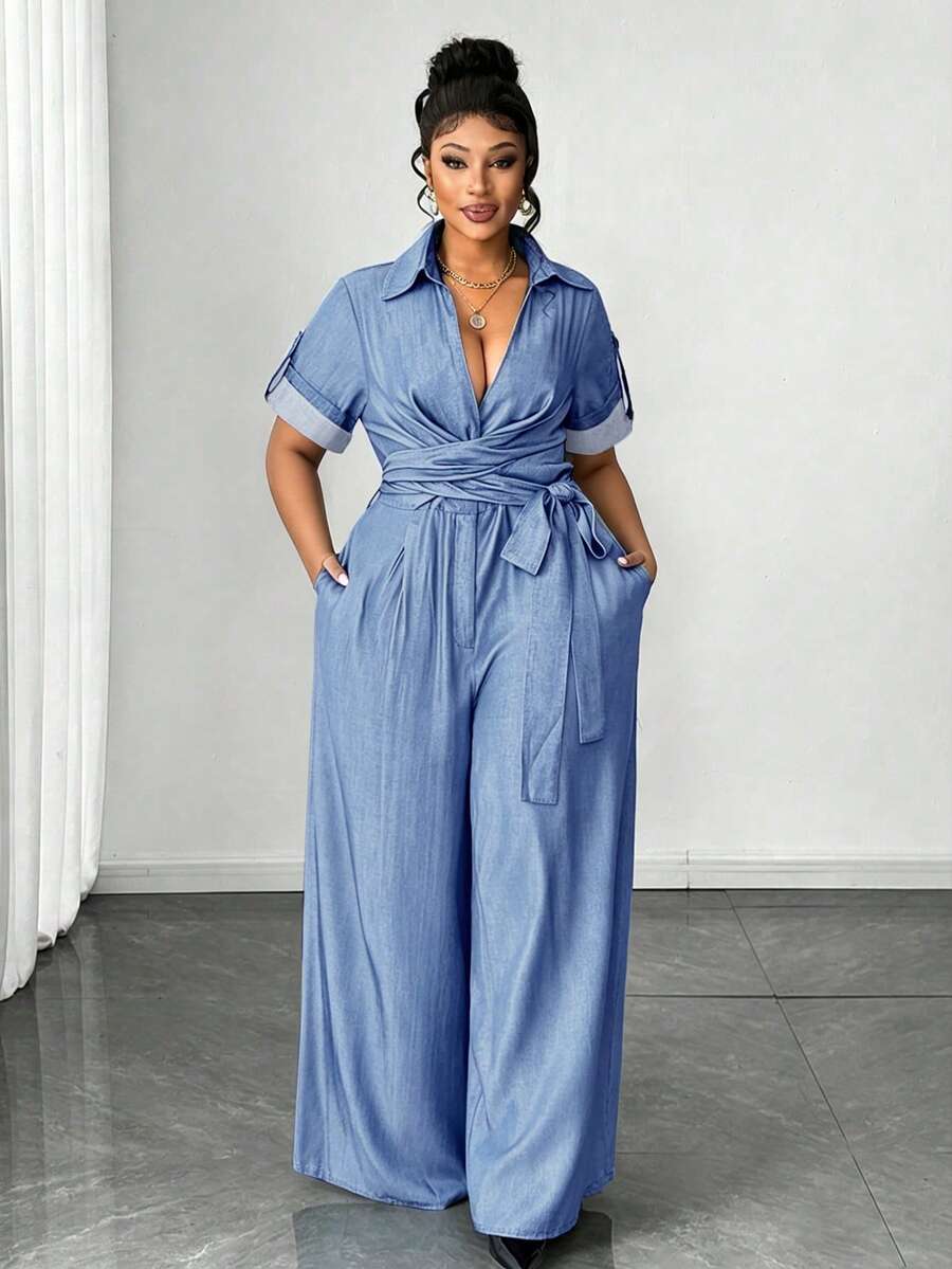 Maweii Jumpsuit Kasual Berlipit Leher V Dalam untuk Wanita Ukuran Plus - Dusty Blue - View 1