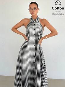 Siren Gaze Elegant Sexy Tropical Casual Black And White Checkered Plaid Cotton Dress Halter Backless Summer 90s Retro Long Vacation Holiday Gingham Button Party - Black and White - View 5