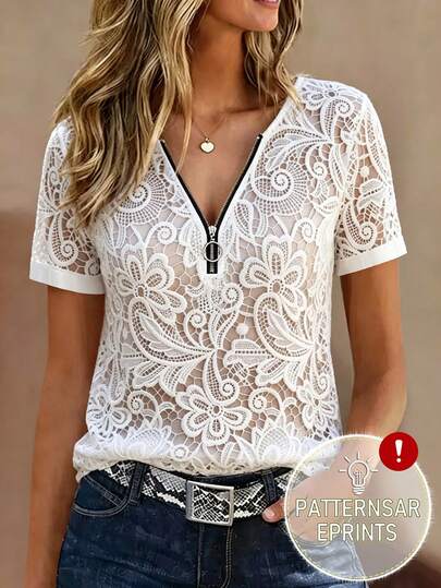 Selamara Damen T-Shirt, 3D realistischer Spitzen-Blume Muster Rundhals T-Shirt, V-Ausschnitt Reißverschluss Design
