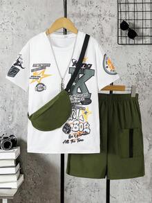 3pcs Tween Boy Letter Print T-Shirt & Cargo Shorts & Mini Crossbody Bag 3-Piece Set, Suitable For Outdoor Activities In Spring/Summer - Green - View 3