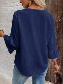 EMERY ROSE Women's Solid Color Round Neck Pleated Casual Versatile Daily Wear Blouse - Navy Blue - View 2