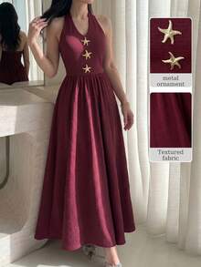 Modelyn Đầm midi dáng chữ A không tay màu đỏ dệt kim dành cho nữ, thích hợp cho mùa xuân/hè, với khóa kim loại ở eo, kiểu dáng thanh lịch và lãng mạn. - Màu Đỏ Sâu - Xem 4