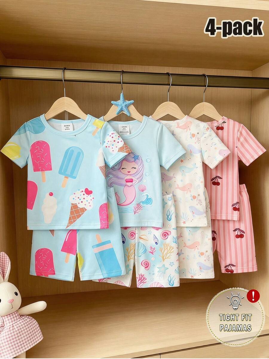 4件組女嬰睡衣套裝,夏季可愛度假幼兒女嬰貼身睡衣,淺藍色與白色柔軟針織短袖短褲套裝 - 彩色 - 查看 1