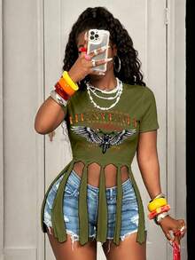 BamGleam Motorcycle Letter Print Cropped T-Shirt With Wing Hem Tassel - Green - View 4