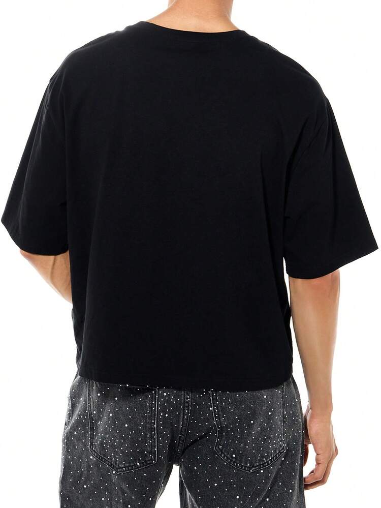 Black Cotton Crew Neck Short Sleeve Oversized T-Shirt Tonal Logo Print For Casual Street Style Summer Wear